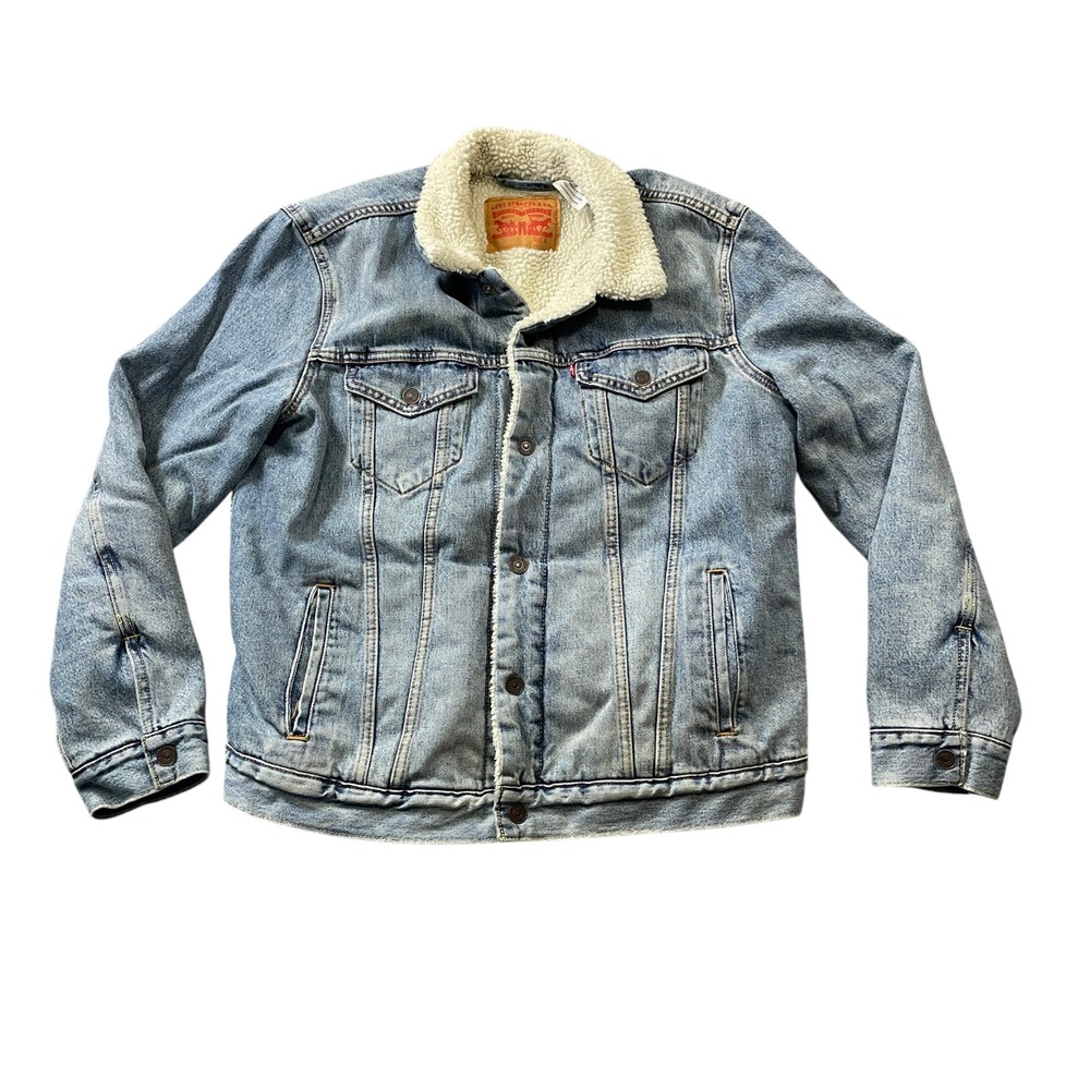 Levis Vintage Large Light Wash Blue Denim Sherpa Trucker Jean Jacket 100% Cotton
